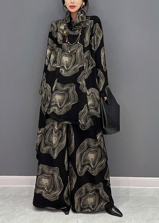 Black Turtleneck Print Top and Wide Leg Pants Two Pieces Set Winter