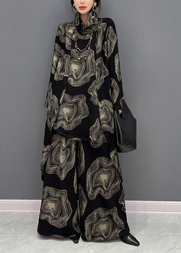 Black Turtleneck Print Top and Wide Leg Pants Two Pieces Set Winter