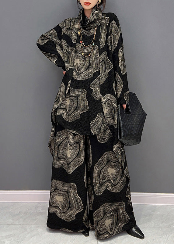 Black Turtleneck Print Top and Wide Leg Pants Two Pieces Set Winter