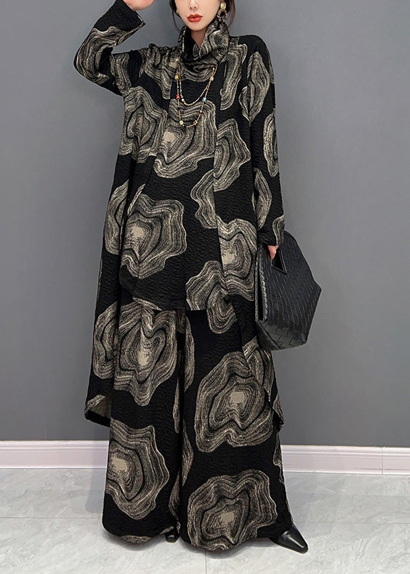 Black Turtleneck Print Top and Wide Leg Pants Two Pieces Set Winter
