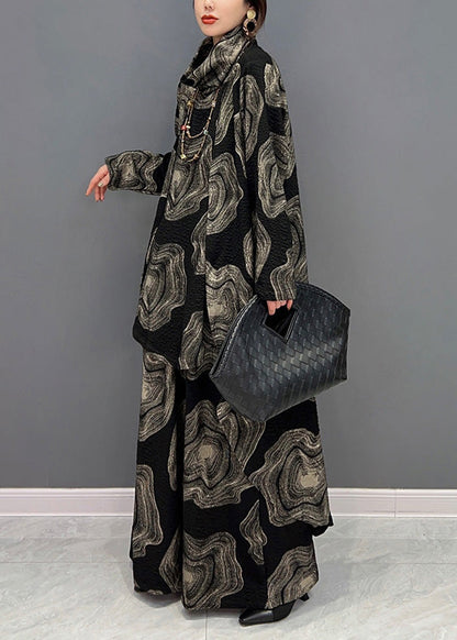 Black Turtleneck Print Top and Wide Leg Pants Two Pieces Set Winter