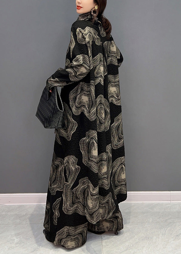 Black Turtleneck Print Top and Wide Leg Pants Two Pieces Set Winter