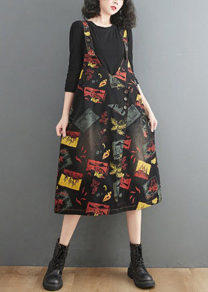 Black V Neck Asymmetrical Button Print Strap Denim Dress Summer