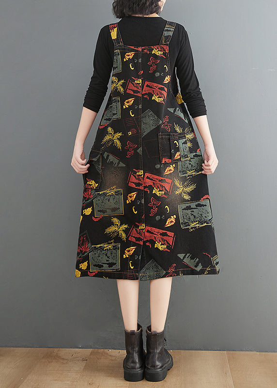 Black V Neck Asymmetrical Button Print Strap Denim Dress Summer