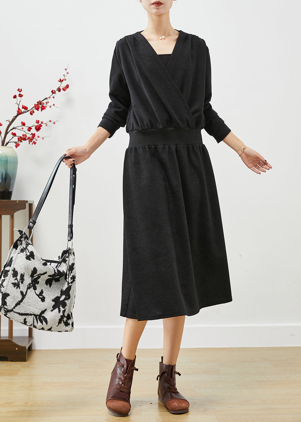 Black V Neck Elastic Waist Cotton Sweatshirts Dress Fall