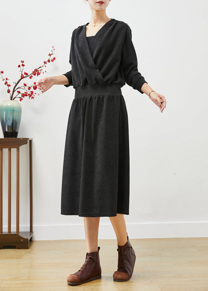 Black V Neck Elastic Waist Cotton Sweatshirts Dress Fall
