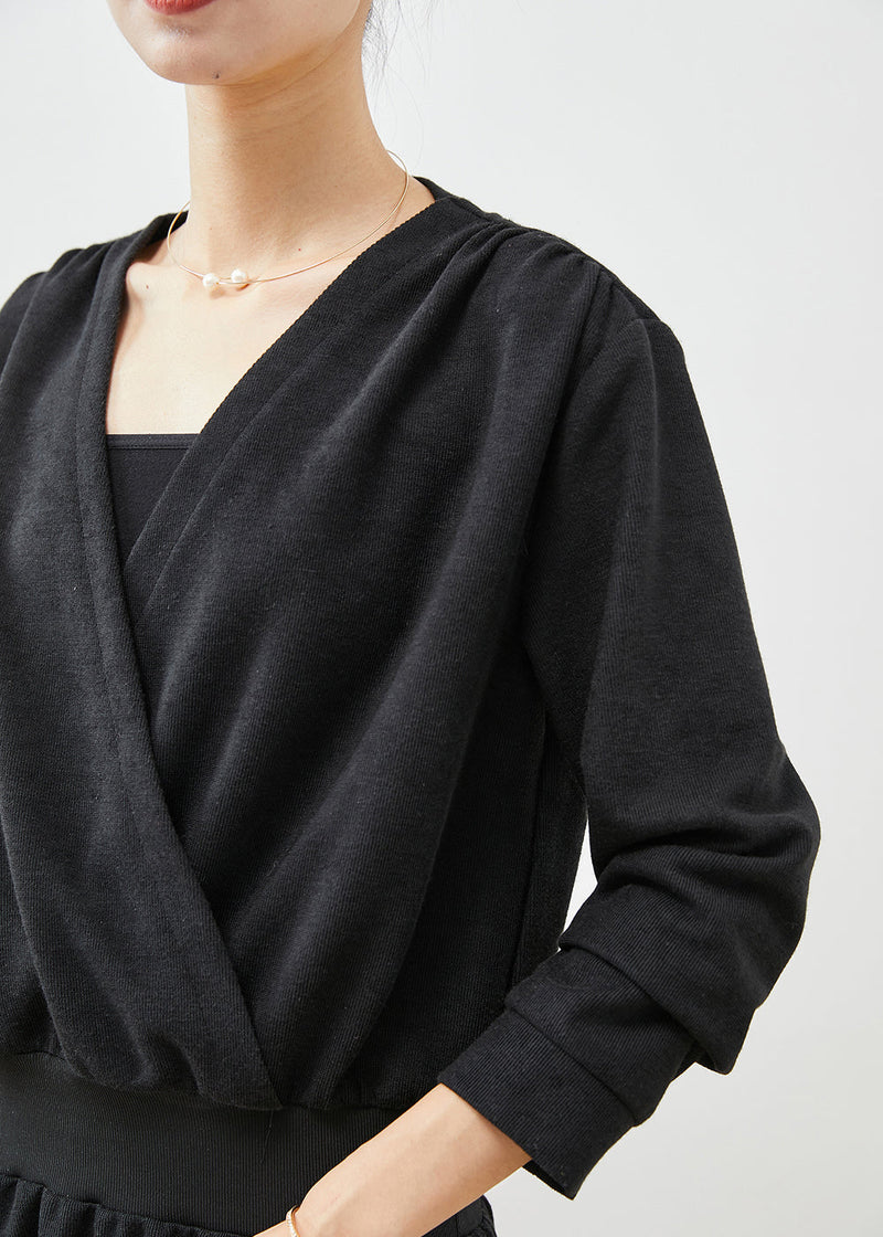 Black V Neck Elastic Waist Cotton Sweatshirts Dress Fall