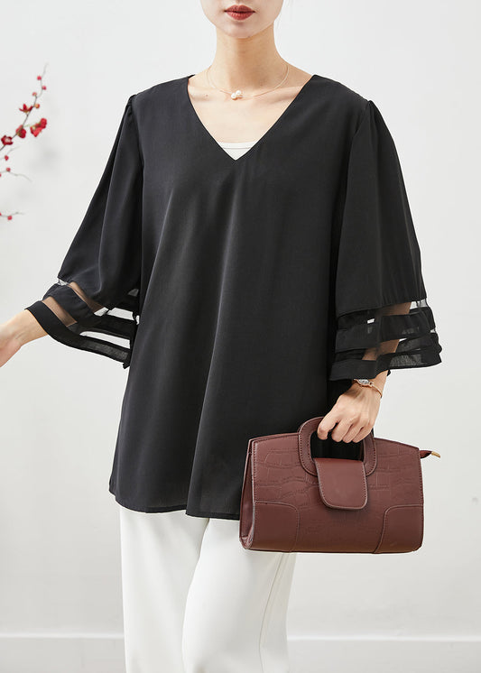 Black V Neck Oversized Chiffon Tops Flare Sleeve