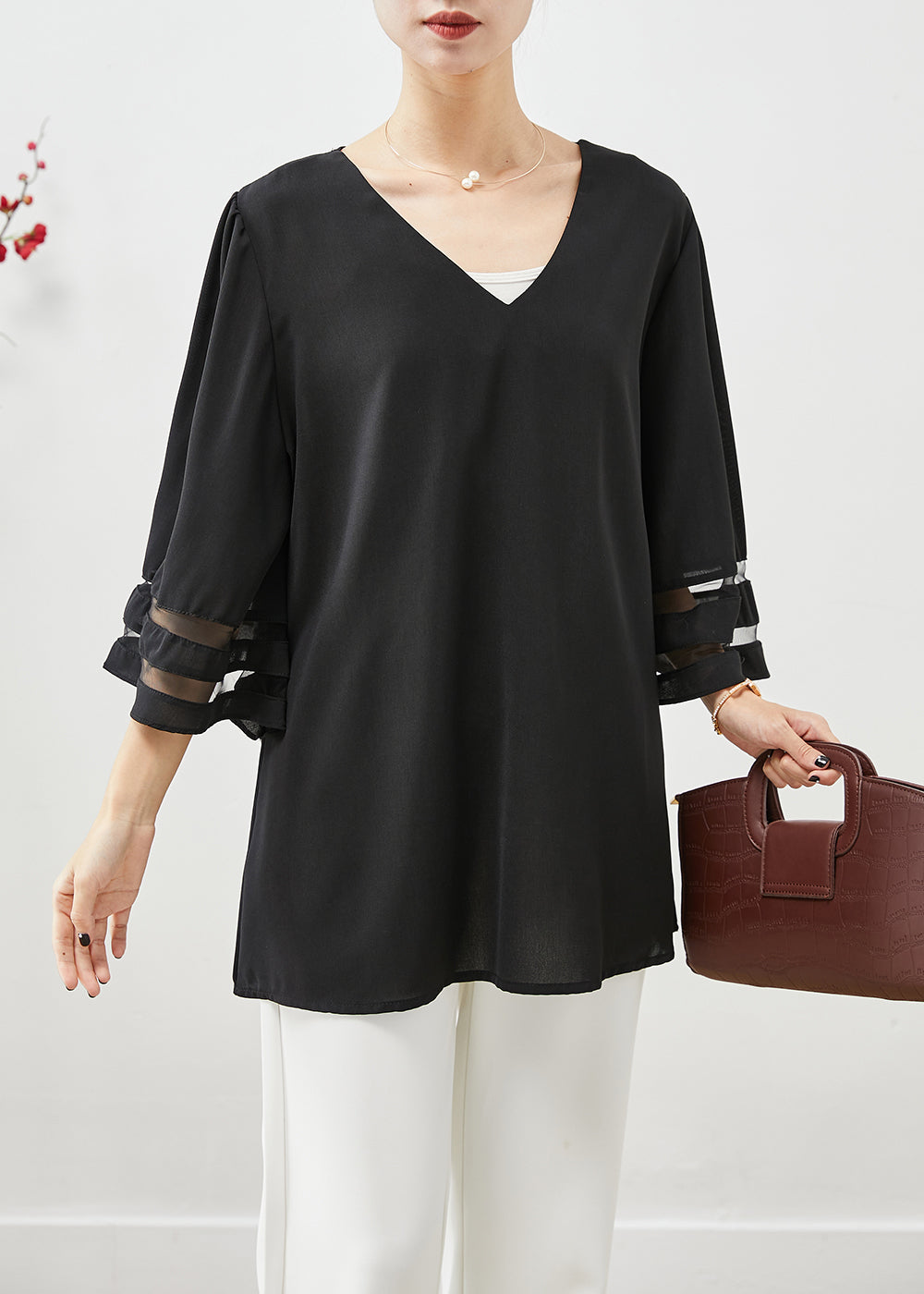 Black V Neck Oversized Chiffon Tops Flare Sleeve