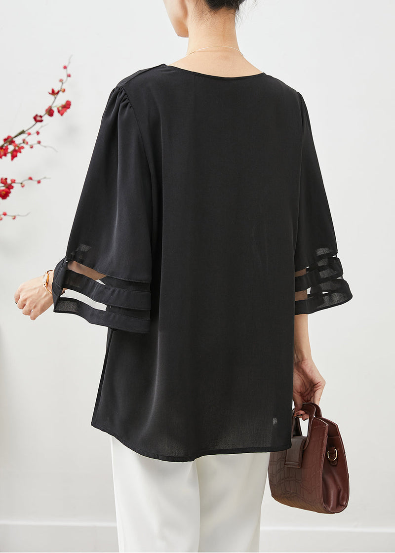 Black V Neck Oversized Chiffon Tops Flare Sleeve