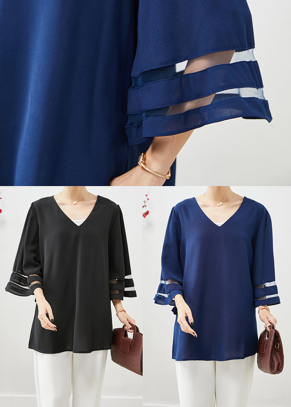 Black V Neck Oversized Chiffon Tops Flare Sleeve