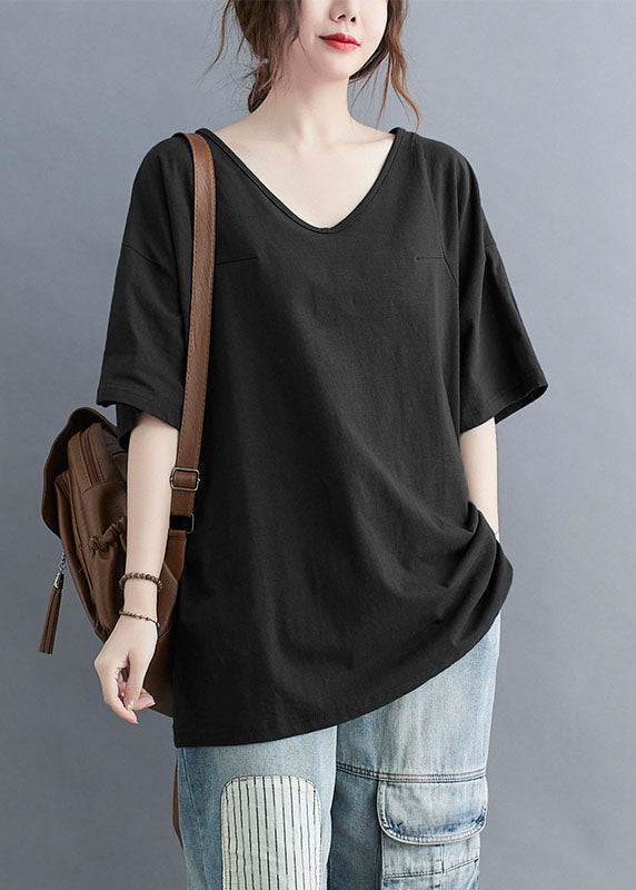 Black V Neck Patchwork Cotton T Shirt Tops Summer