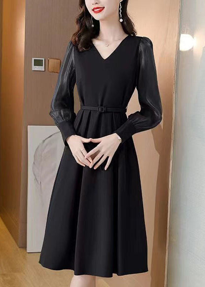 Black V Neck Patchwork Spandex Dress Spring