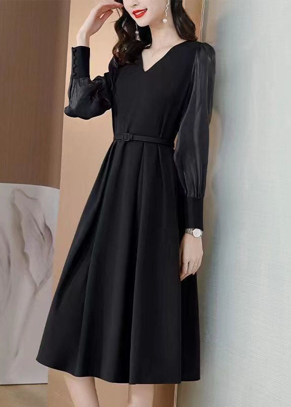 Black V Neck Patchwork Spandex Dress Spring