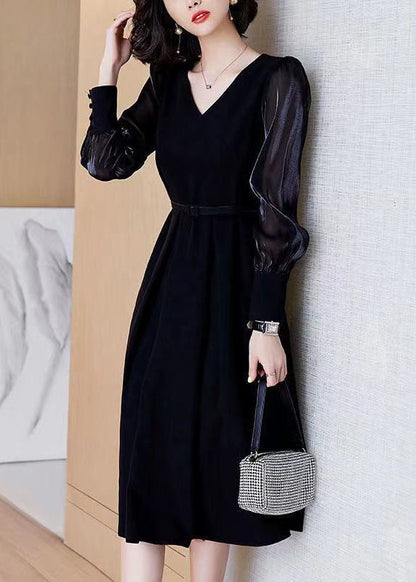 Black V Neck Patchwork Spandex Dress Spring