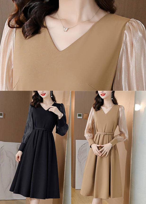 Black V Neck Patchwork Spandex Dress Spring