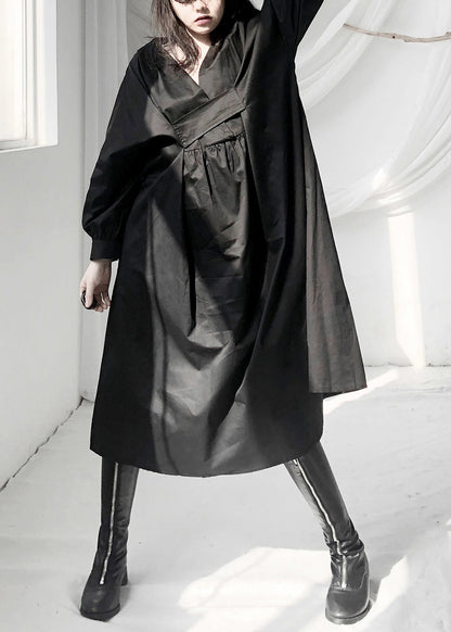 Black V Neck Patchwork Wrinkled Maxi Dress Long Sleeve