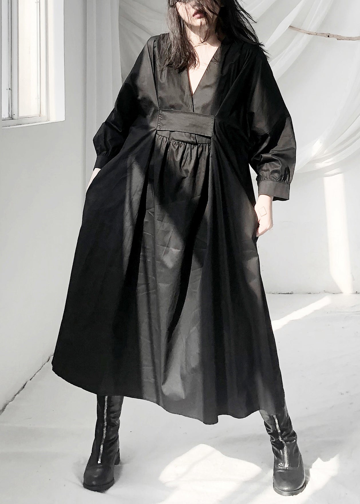 Black V Neck Patchwork Wrinkled Maxi Dress Long Sleeve