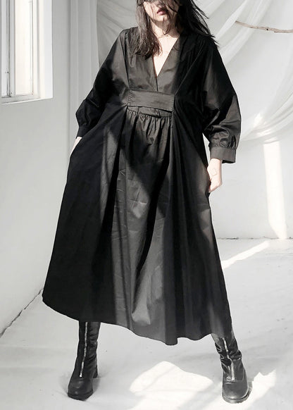 Black V Neck Patchwork Wrinkled Maxi Dress Long Sleeve