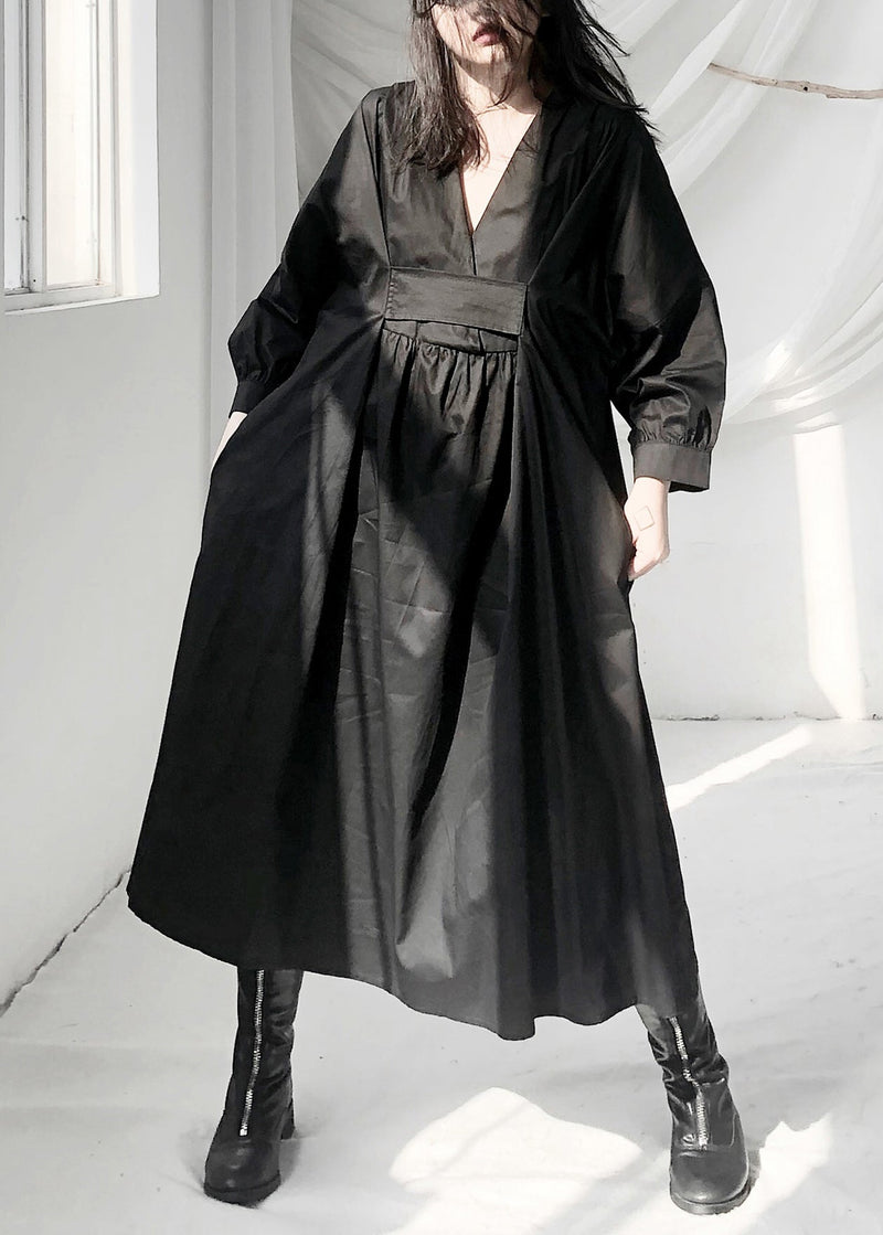 Black V Neck Patchwork Wrinkled Maxi Dress Long Sleeve