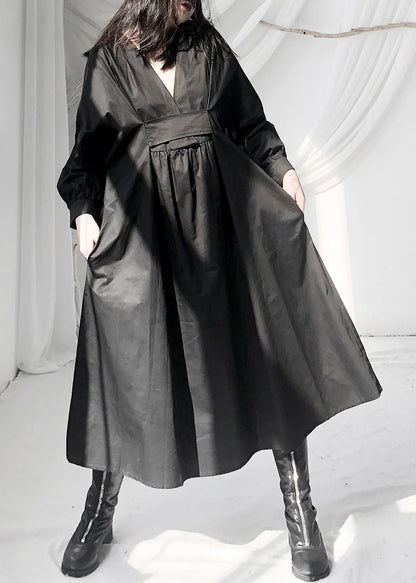 Black V Neck Patchwork Wrinkled Maxi Dress Long Sleeve