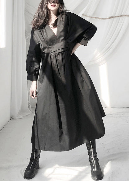 Black V Neck Patchwork Wrinkled Maxi Dress Long Sleeve