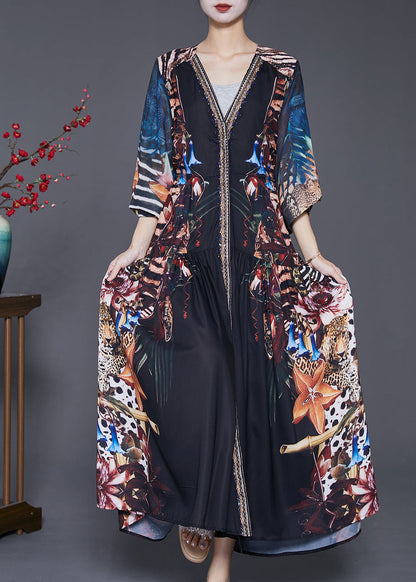 Black V Neck Print Exra Large Hem Chiffon Maxi Dresses Fall