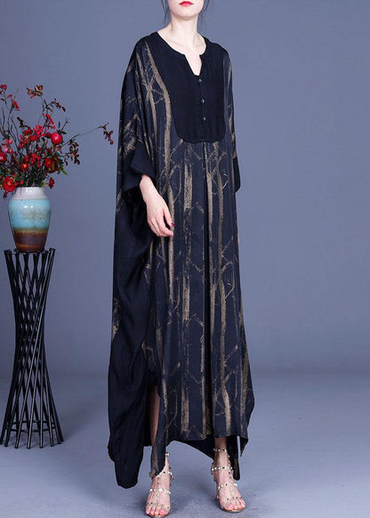 Black V Neck Print Patchwork Silk Summer Dresses Batwing Sleeve