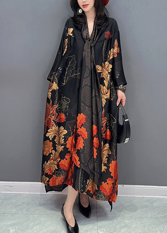 Black V Neck Print Robe Dresses Summer