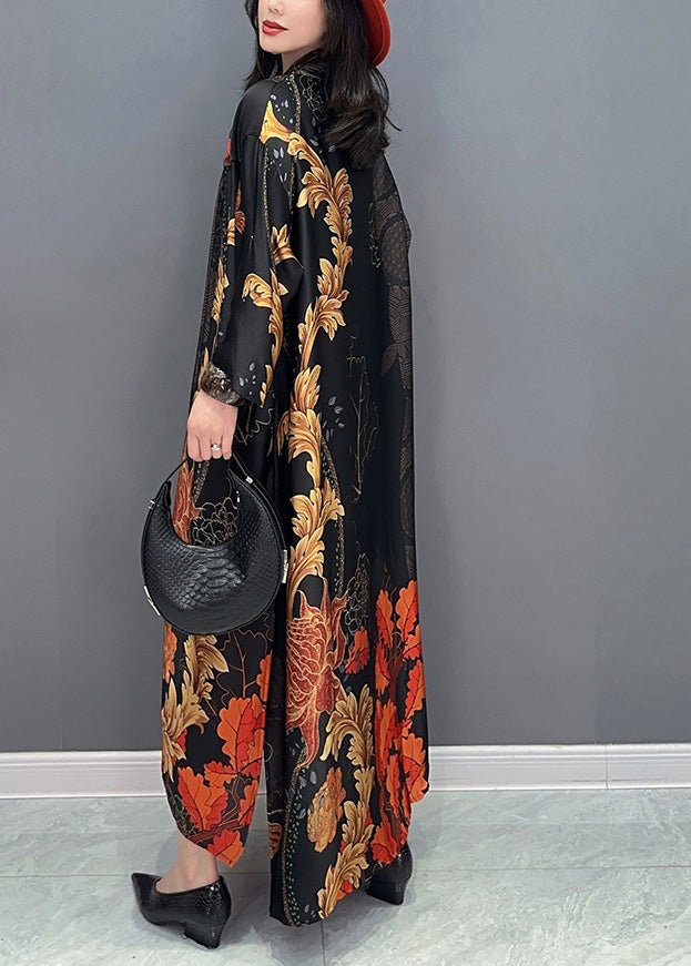 Black V Neck Print Robe Dresses Summer