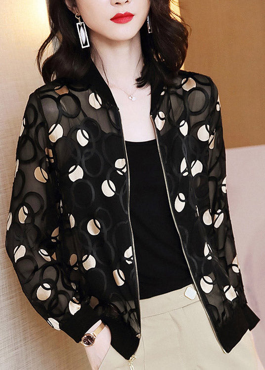 Black V Neck Print Zippered Silk Upf 50+ Coat Long Sleeve
