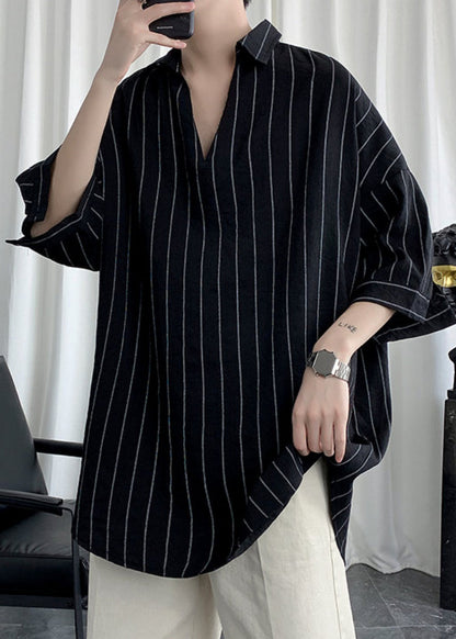 Black V Neck Striped Cotton Shirts Summer
