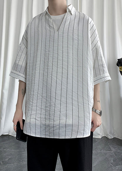 Black V Neck Striped Cotton Shirts Summer