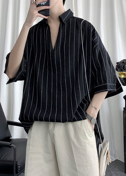 Black V Neck Striped Cotton Shirts Summer