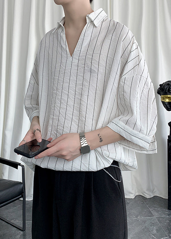 Black V Neck Striped Cotton Shirts Summer