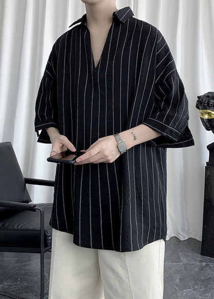 Black V Neck Striped Cotton Shirts Summer