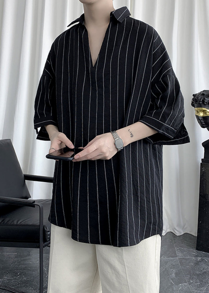 Black V Neck Striped Cotton Shirts Summer