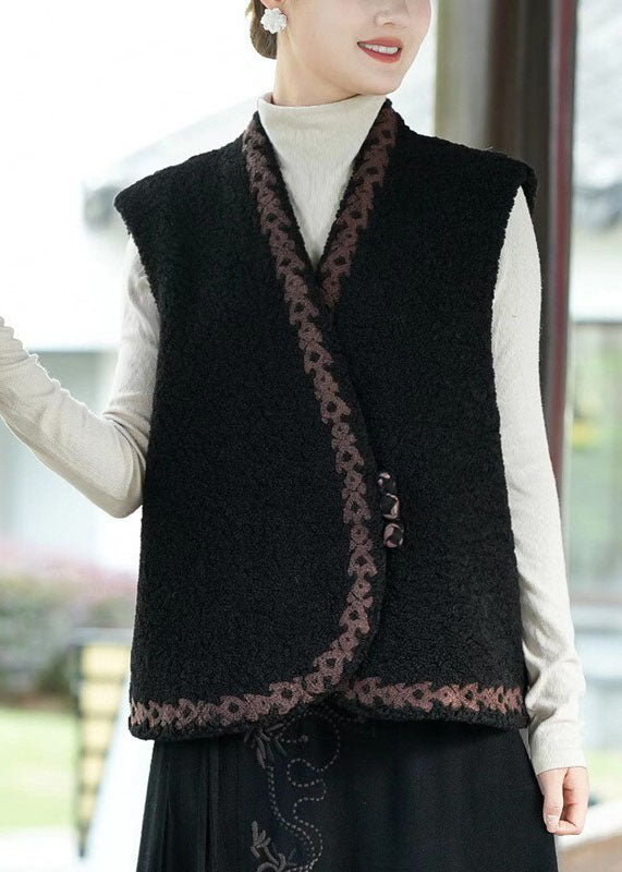 Black V Neck Thick Teddy Faux Fur Vest Tops Winter