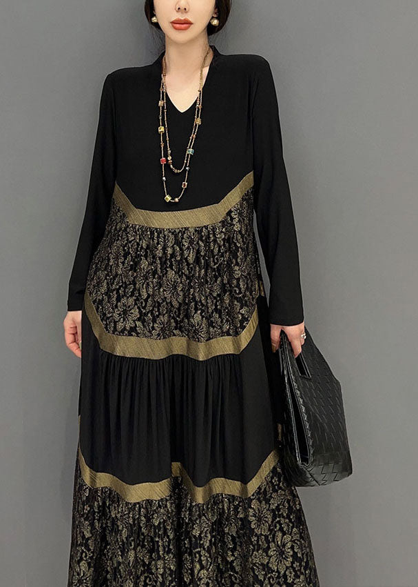 Black V Neck Tulle Patchwork Wrinkled Long Dress Spring