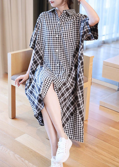 Black White Plaid Peter Pan Collar Button Shirts Dresses Half Sleeve