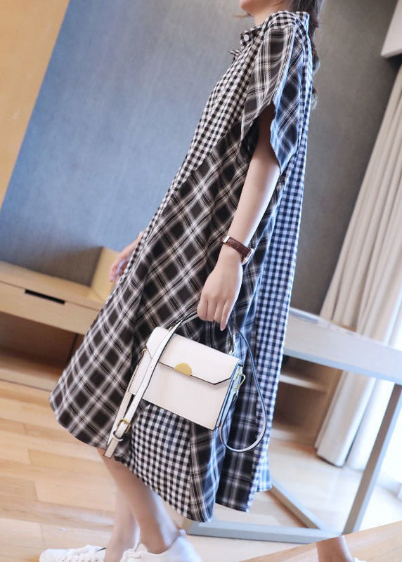Black White Plaid Peter Pan Collar Button Shirts Dresses Half Sleeve