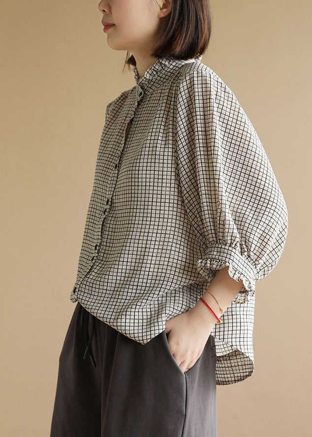 Black White Plaid Ruffled Button Shirt Top Bracelet Sleeve