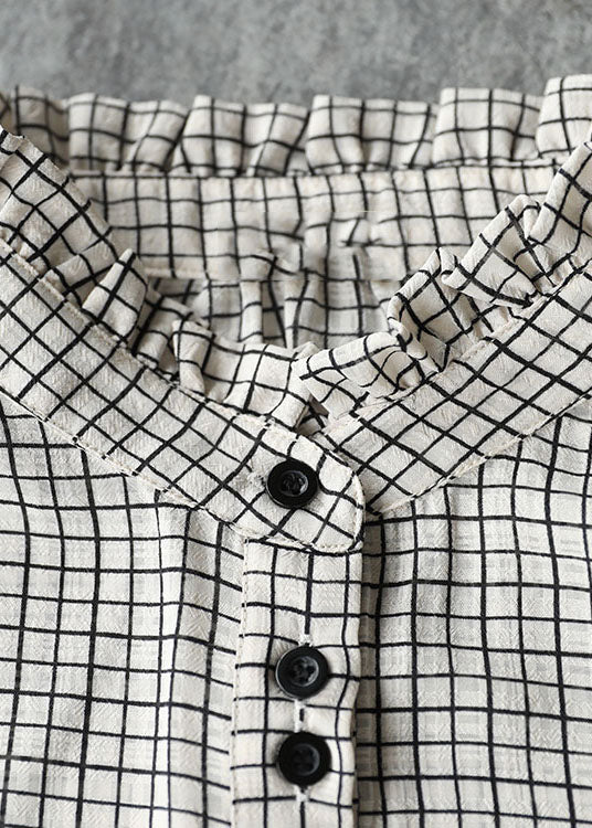 Black White Plaid Ruffled Button Shirt Top Bracelet Sleeve