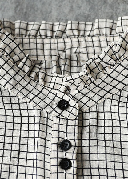 Black White Plaid Ruffled Button Shirt Top Bracelet Sleeve