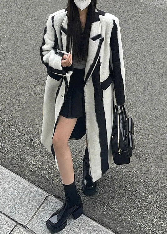 Black White Striped Notched Button Woolen Maxi Coats Winter