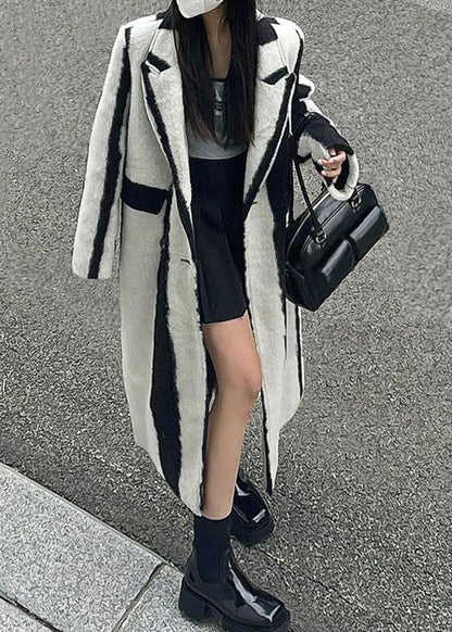 Black White Striped Notched Button Woolen Maxi Coats Winter