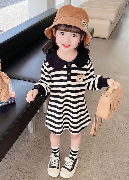 Black White Striped Peter Pan Collar Print Kids Mid Dress Fall