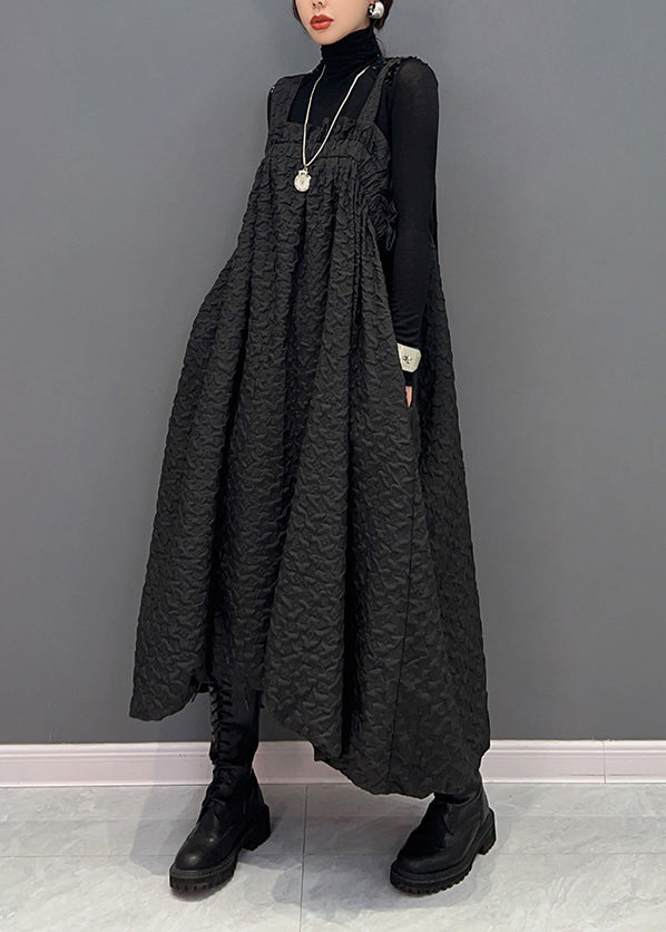 Black Wrinkled Pockets Patchwork Cotton Carpenter Dresses Fall