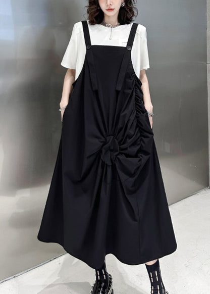 Black Wrinkled Pockets Patchwork Cotton Long Dresses Sleeveless