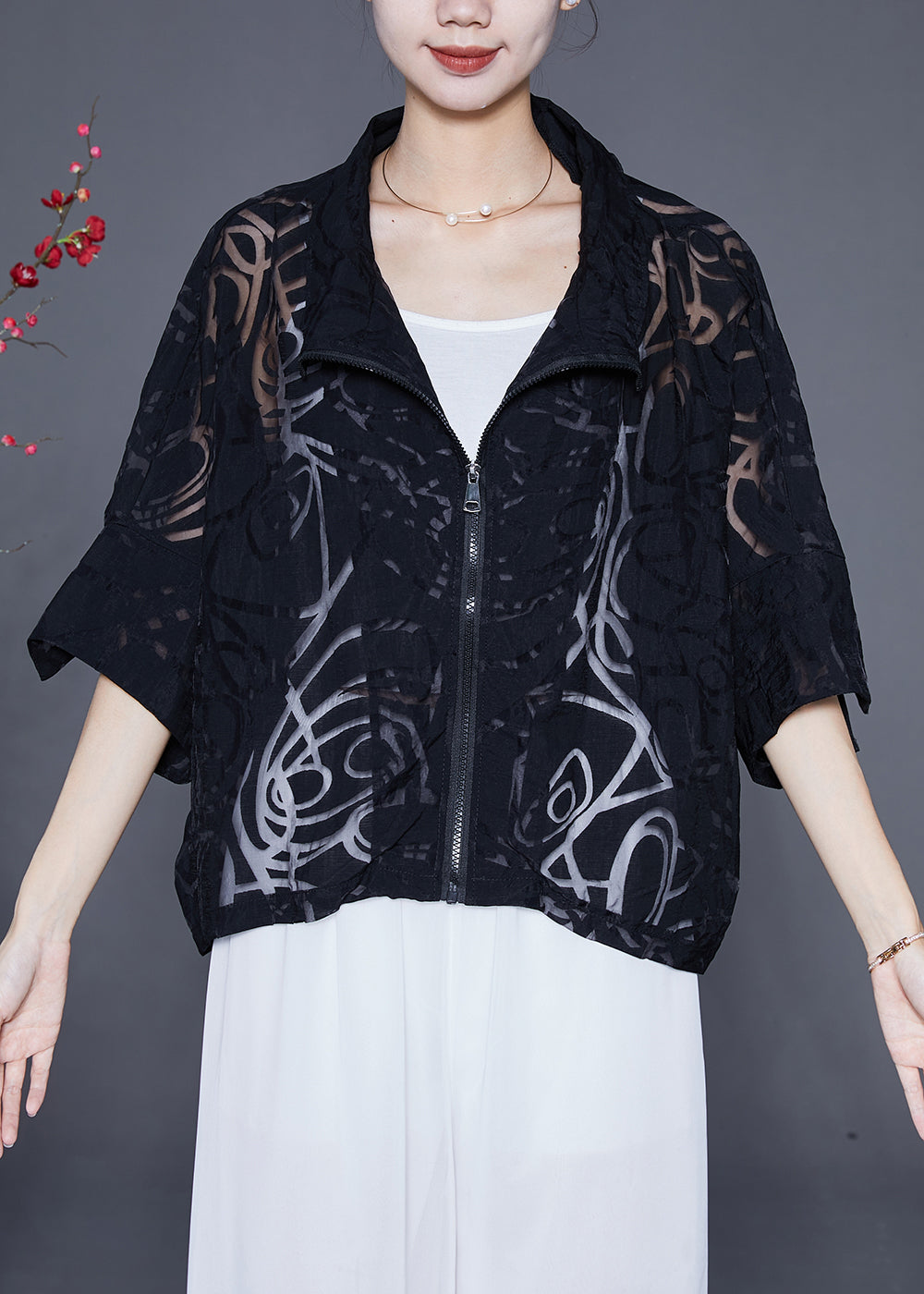 Black Zip Up Hollow Out Cotton Coat Outwear Summer